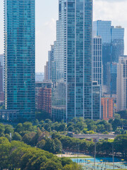 Obraz premium Aerial shot of Skyscrapers and office buildings in the skyline in Chicago Illinois USA