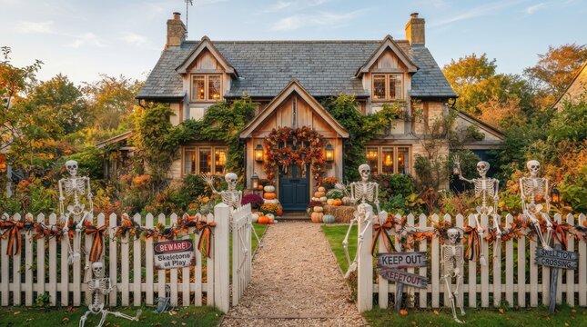 Spooky Autumn Abode: A charming cottage adorned with festive Halloween decorations, featuring skeletons, pumpkins, and autumnal foliage, creates a delightfully eerie atmosphere for trick-or-treaters.