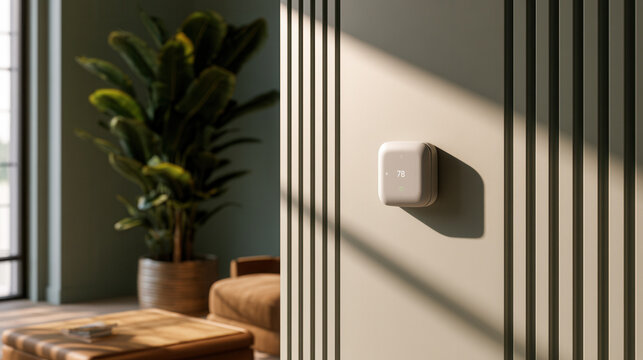 Smart climate controller on modern interior feature wall