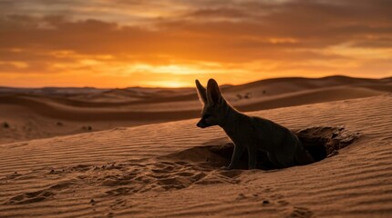 Naklejka premium Desert Fox Emerging at Sunset: A solitary desert fox with large ears emerges from its burrow in the vast, rolling sand dunes, silhouetted against a dramatic orange sunset sky.
