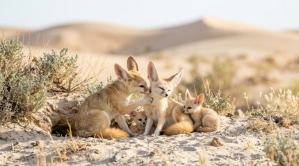 Naklejka premium Desert Family Bonds: A heartwarming scene unfolds in the arid expanse as a fennec fox family, including two adults and a young pup, huddle together amidst sparse desert vegetation.
