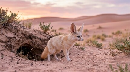 Naklejka premium Fennec Fox in the Desert: A fennec fox with its distinctive large ears stands near its burrow in the sandy desert landscape during a beautiful sunset, hinting at its nocturnal nature.