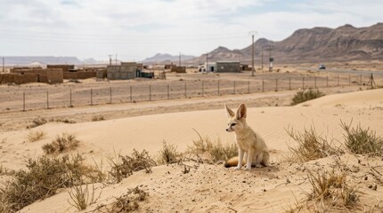 Naklejka premium Fennec Fox in the Desert: A fennec fox sits alertly on a sand dune, its large ears twitching, surrounded by arid desert landscape with distant buildings under a clear sky.