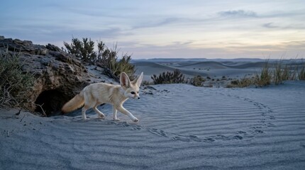Fototapeta premium Fennec Fox Emerges from Desert Burrow: A small Fennec fox with distinctive oversized ears cautiously emerges from its sandy burrow in the desert, under a soft twilight sky.