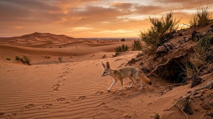 Naklejka premium Desert Fox at Dusk: A fennec fox with its characteristic large ears walks through the warm, sandy dunes of the desert as the sun sets, casting a golden glow over the arid landscape.