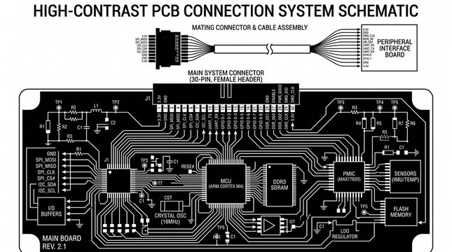 High contrast PCB circuit board schematic diagram with electronic connection system