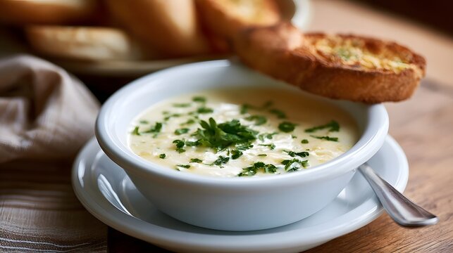 A creamy white soup garnished with fresh green herbs  served in a white ceramic bowl with a slice of toasted bread on the rim