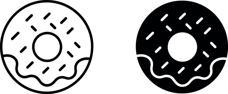 Sweet glazed donut with sprinkles line and silhouette icon set for bakery and dessert menu design