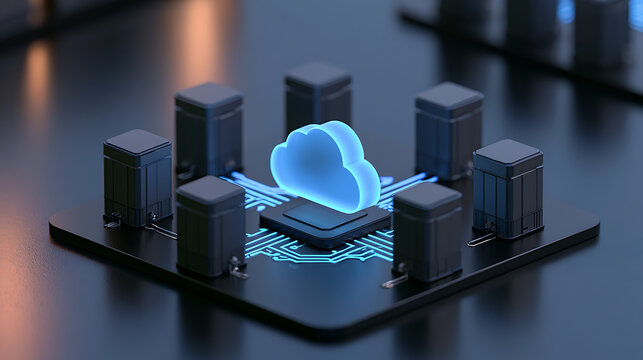 Abstract 3D rendering of cloud computing concept with server racks and central data storage connected via glowing circuit board lines