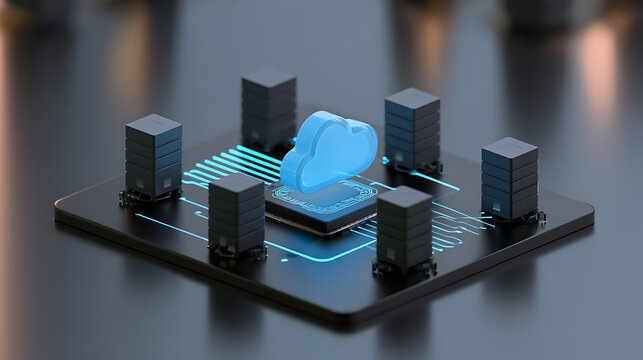 A 3D render of a computer motherboard with glowing blue cloud and server racks, representing cloud computing and data storage concepts