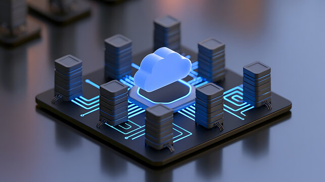 Cloud computing concept with server towers and digital circuit board, data storage and information technology network infrastructure banner
