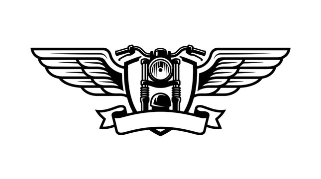 Motorcycle emblem with wings and blank banner vector illustration isolated on white background, perfect for biker clubs, vintage chopper designs, and custom bike logos