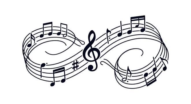 An artistic infinity symbol intertwined with musical staff lines, treble clef, sharp sign, and various notes, representing endless melody and perpetual passion for art