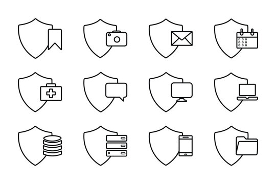 Collection of data protection shield line icons featuring camera, mail, calendar, first aid box, chat, server, mobile, and folder with editable stroke.