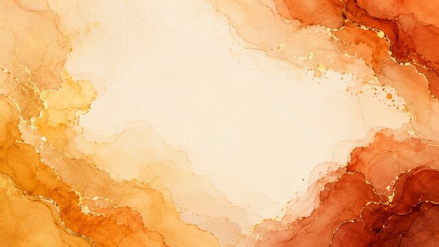 Elegant Orange Alcohol Ink Autumn Frame with Gold Veins and Leaves