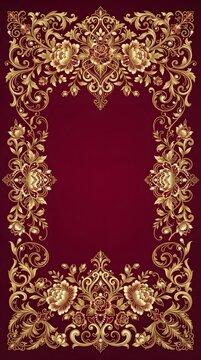 Intricate gold floral baroque frame on a rich burgundy background detailed ornamental vector design