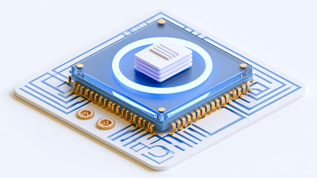 Abstract 3D render of a futuristic microchip processor with electronic circuit board tracks and document file icon for data storage concept