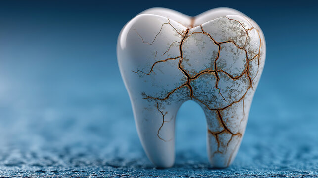 A cracked molar tooth illustration presents detailed fissures and a textured surface against a blue backdrop broken chipped decay dental