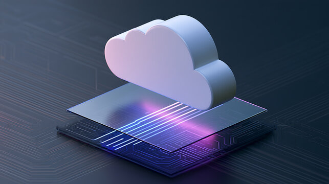 Cloud computing concept illustration featuring a white cloud icon hovering above a microchip circuit board with glowing light lines for data