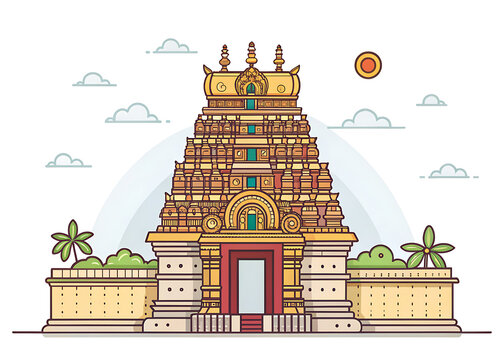 South Indian gopuram architecture rendered as a premium flat vector illustration
