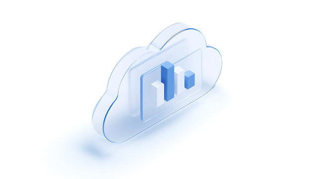 Cloud computing concept with glass cloud shape and data bar graph inside, modern digital technology icon isolated on white background