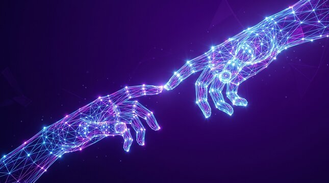 Digital hands reaching out connecting in a network of light and lines