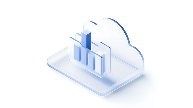 Minimalist 3D cloud computing icon with a glass folder and bar chart representing data storage, analytics, and business growth on white