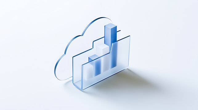 Minimalist 3D cloud icon with bar chart and folder for data storage and business analytics concept on clean light background layout