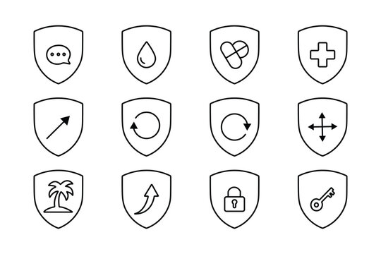 Security shield line icon set featuring chat, drop, pills, medical cross, refresh, palm tree, lock, and key with editable stroke.