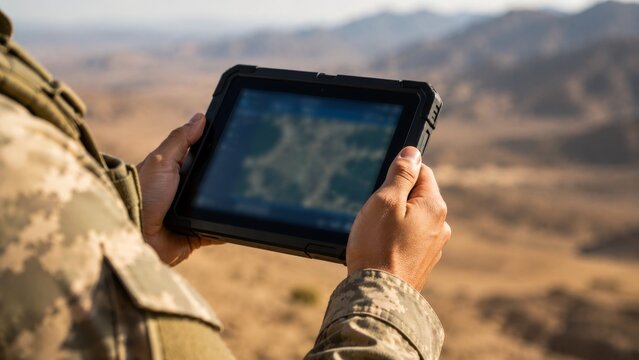 Soldier with rugged tablet showing digital map in desert mountains. Man in military camouflage using navigation technology. Battlefield reconnaissance and modern army concept.