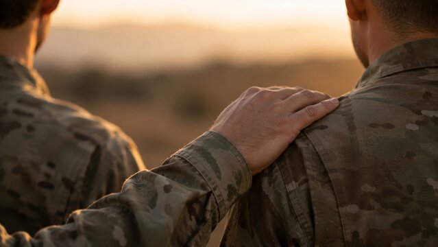 Soldier putting hand on shoulder of comrade in camouflage uniform at sunset. Military brotherhood, support and friendship between army men. Teamwork and trust in armed forces.