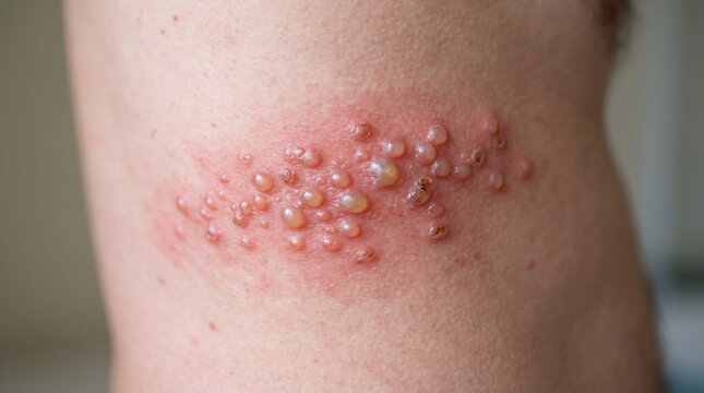 a shingles (herpes zoster) blister skin rash along a dermatome, showing painful grouped fluid-filled vesicles, inflammation, and red skin lesions caused by the reactivation of the varicella-zoster vir