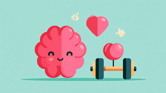Cute brain character lifting small weights with hearts floating around in a simple background