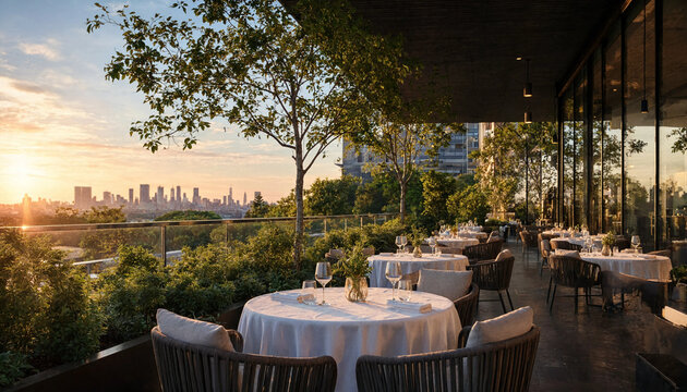 Luxurious rooftop restaurant terrace set for fine dining with elegant tables and panoramic city skyline view during sunset luxury dining table outdoor restaurant urban skyline