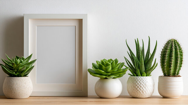 Succulents arranged on a wooden table next to a blank picture frame in a bright indoor space