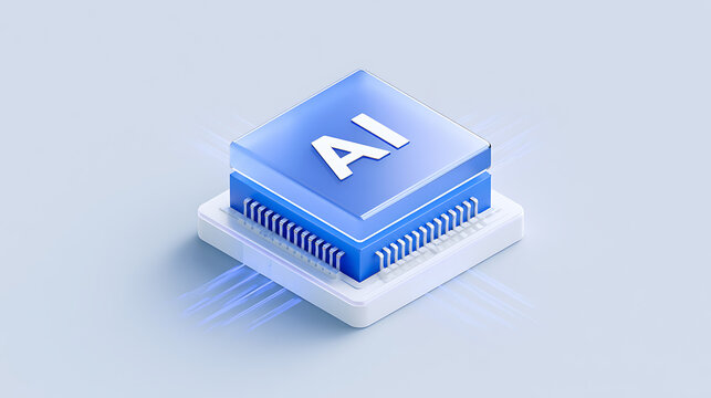 A 3d render of an artificial intelligence processor chip with blue glowing light lines on a clean white and light blue studio background