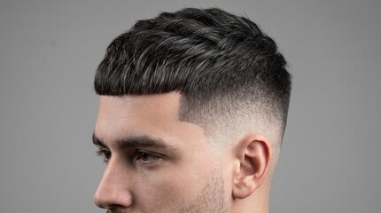 Fototapeta premium Modern textured crop haircut for men, stylish skin fade hairstyle, professional male grooming and barber shop aesthetic