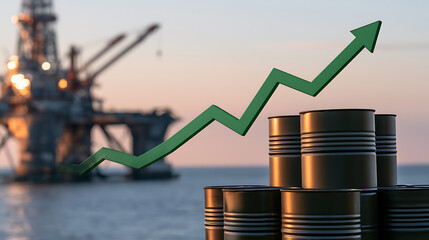 Naklejka premium Oil price rise chart with green arrow over barrels and offshore rig. Economic growth and petroleum market concept photo for financial news