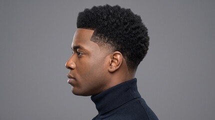 Obraz premium Handsome Black man with stylish fade haircut in profile. Young African American male model in black turtleneck. Professional studio portrait.