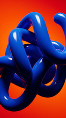 Glossy Blue Tubular Sculpture on Orange Gradient Background