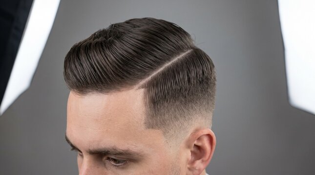 Classic side part haircut for men, professional barber fade hairstyle on brown hair, elegant male grooming and styling