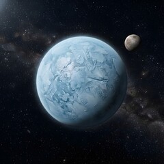 Naklejka premium Icy Planet with Moon in Deep Space Universe Illustration