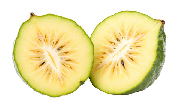 Cherimoya fruit slice isolated halves of fresh custard apple on a transparent background for food design and health