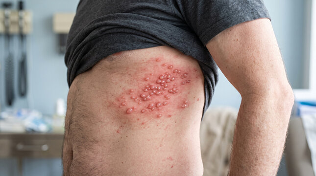 Shingles (herpes zoster) blister skin rash, viral skin infection, painful vesicular rash, varicella zoster virus, dermatome skin lesion, acute shingles symptoms, clustered fluid vesicles