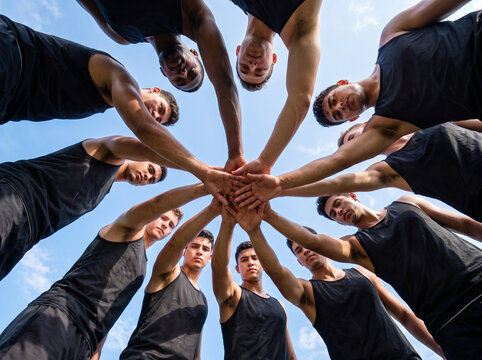 Group of young athletic men stacking their hands together in a circle outdoors under blue sky