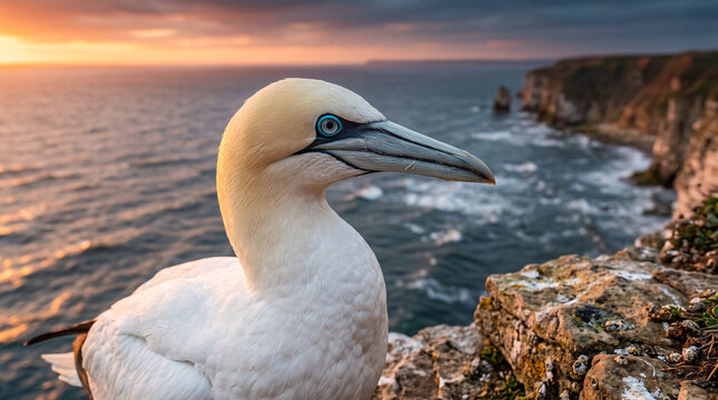 A beautiful northern gannet bird standing on a rocky coastal cliff at sunset