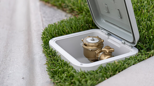 Open irrigation backflow preventer valve box in residential lawn with green grass and concrete curb in suburbia during sunny day light