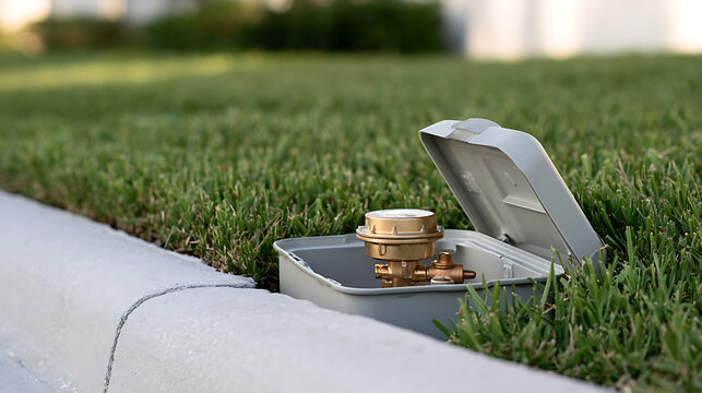 An open irrigation valve box with brass backflow preventer and water meter inside, set in green lawn grass near concrete sidewalk curb