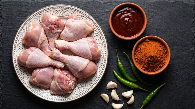 Raw chicken drumsticks on a metal plate with spices and chili peppers on a dark background