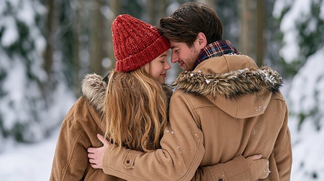 Couple embraces warmly in snowy winter forest setting wearing cozy red hat and fur lined coats.